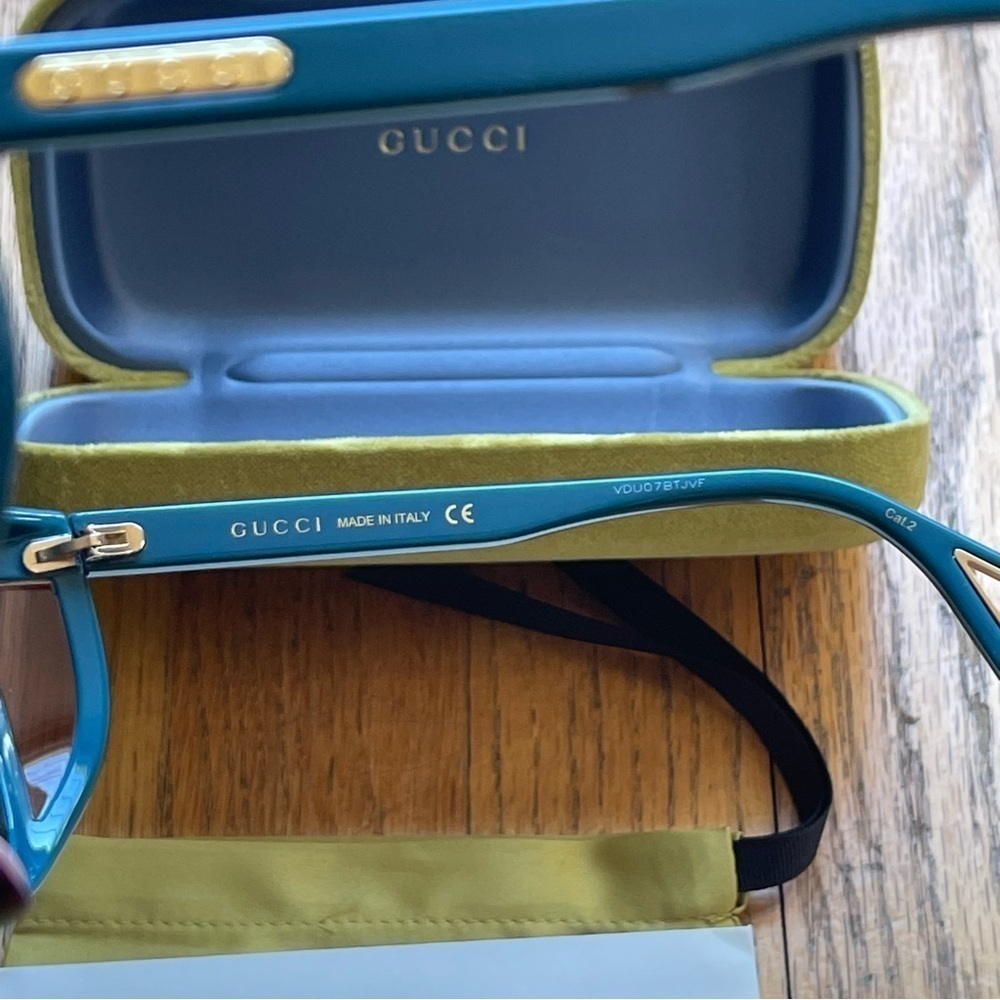 NEW Gucci 57mm Square Shiny Teal Sunglasses GG0468S 100% UV Protection NWT - Picture 6 of 10